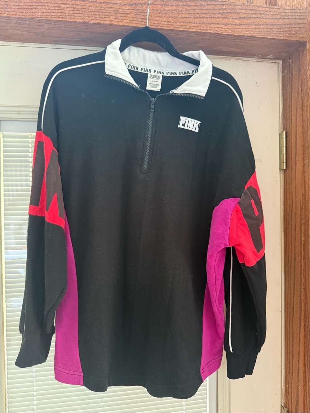 PINK Victoria's Secret Black Quarter-Zip Pullover with Pink & Red Panels